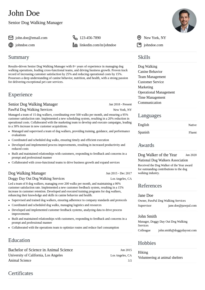 Senior Dog Walking Manager resume example