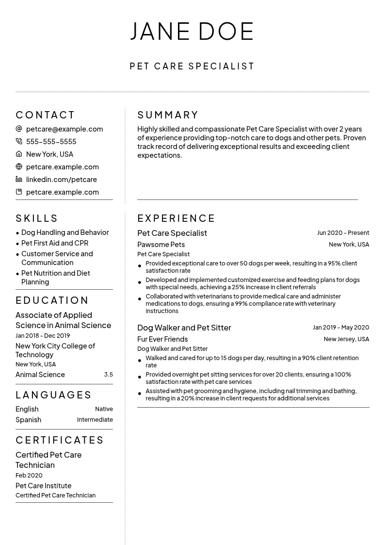 Pet Care Specialist resume example