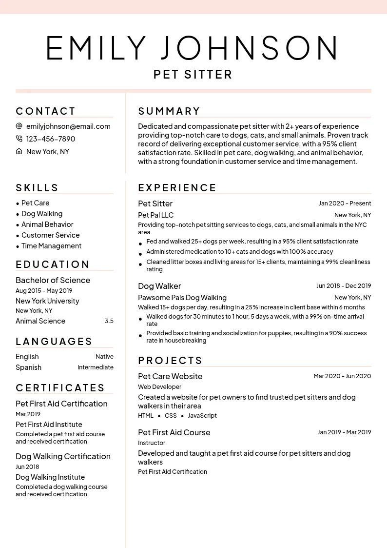 Pet Sitter resume example