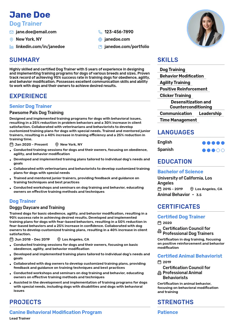 Dog Trainer resume example