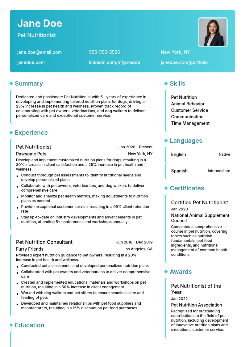 Pet Nutrtionist resume example