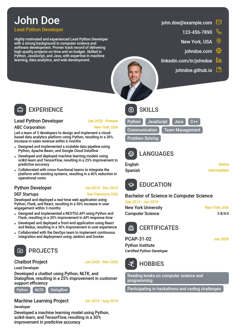 Lead Python Developer resume example
