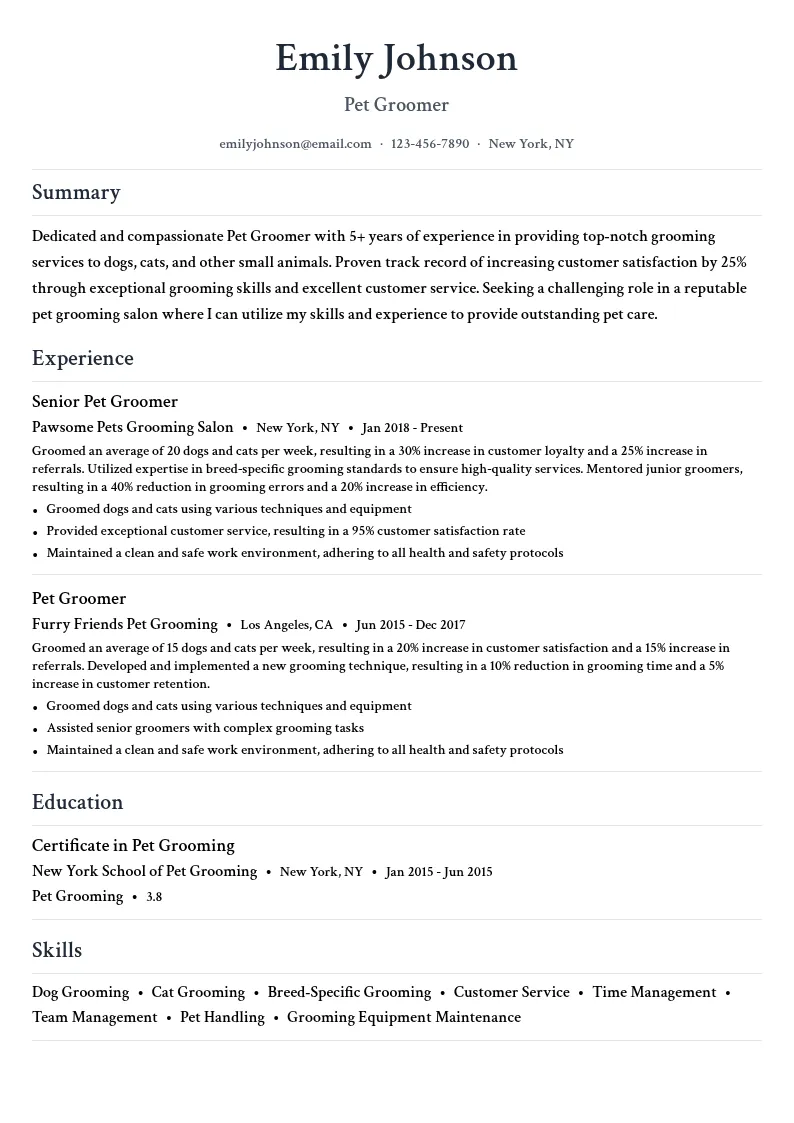 Pet Groomer resume example