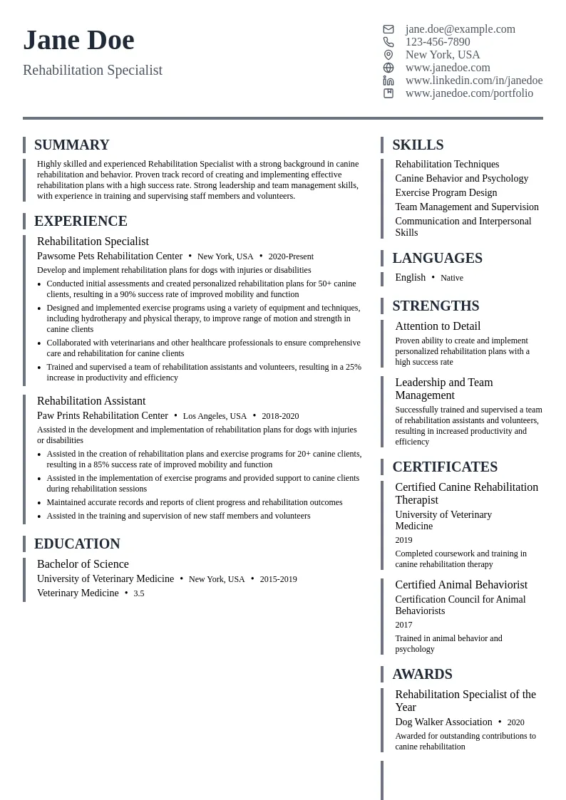Rehabilitation Specialist resume example