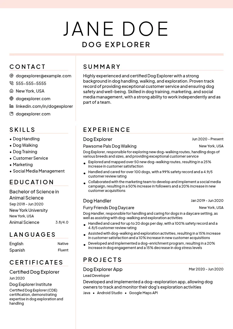 Dog Explorer resume example