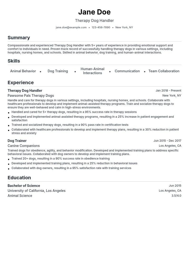 Therapy Dog Handler resume example
