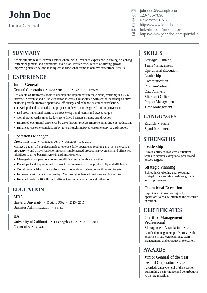 Junior General resume example