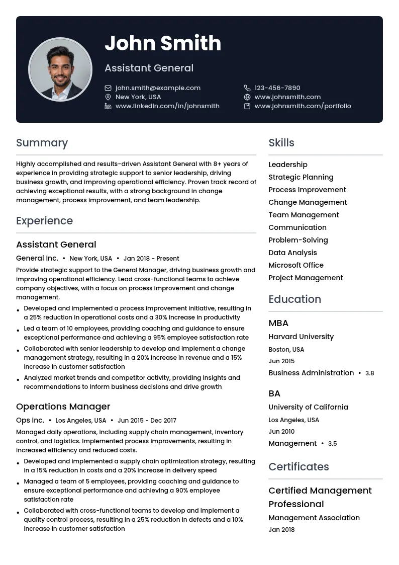 Assistant General resume example