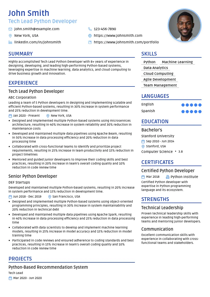 Tech Lead Python Developer resume example