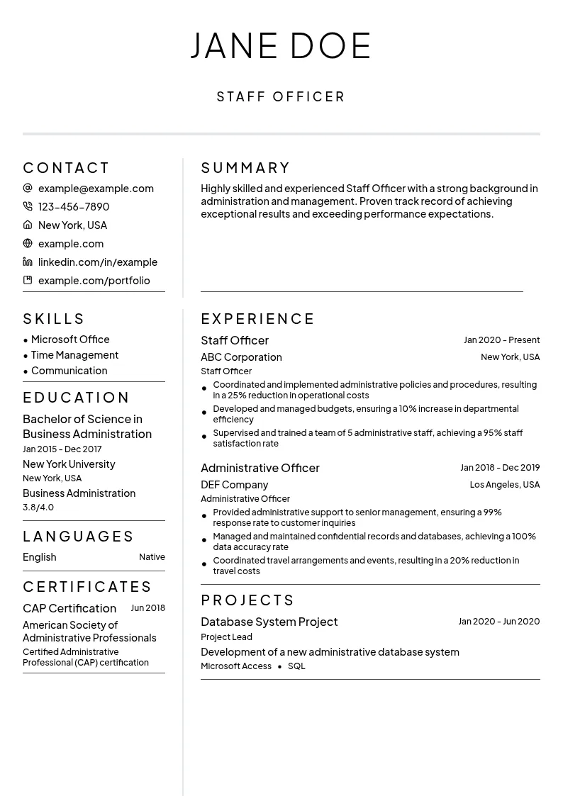 Staff Officer resume example