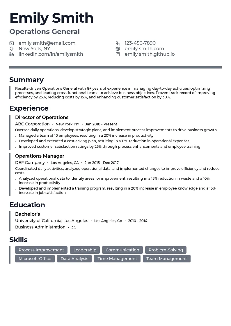 Operations General resume example