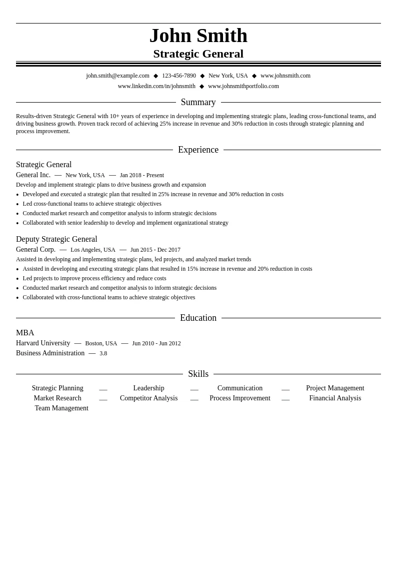 Strategic General resume example