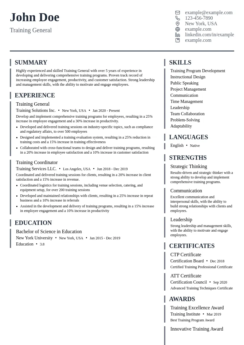 Training General resume example