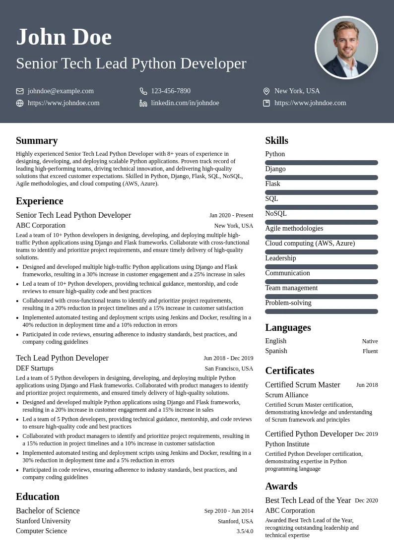 Senior Tech Lead Python Developer resume example