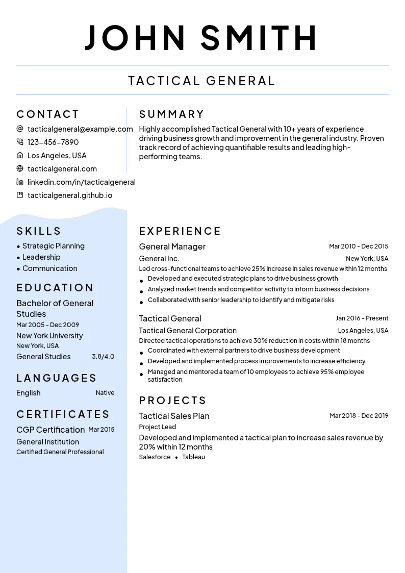Tactical General resume example