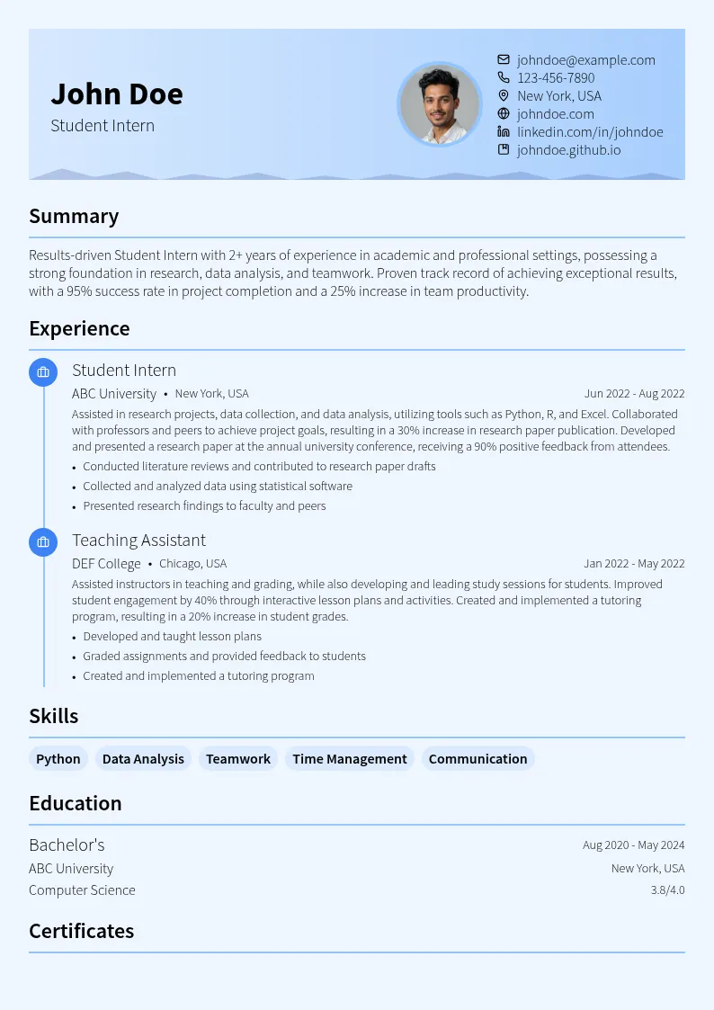 Student Intern resume example