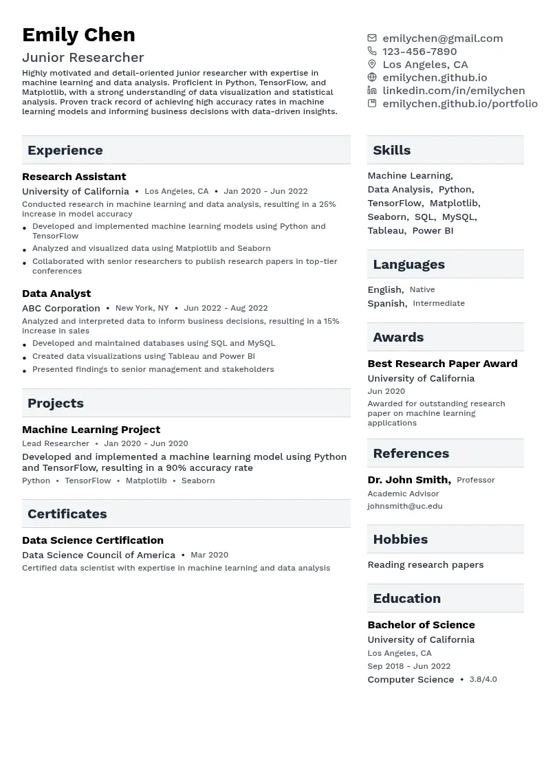 Junior Researcher resume example