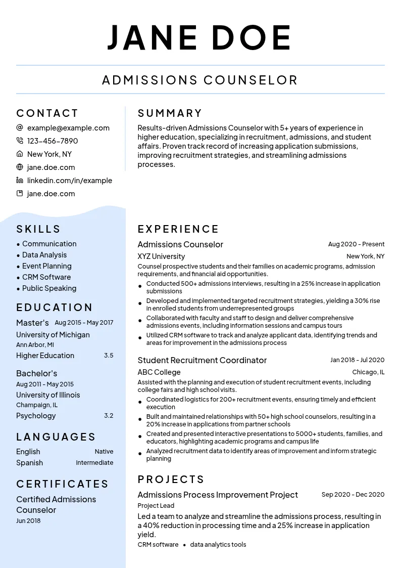 Admissions Counselor resume example