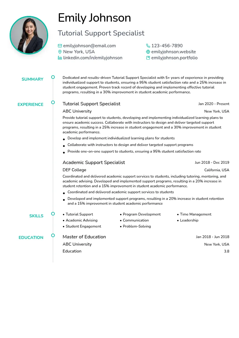 Tutorial Support resume example