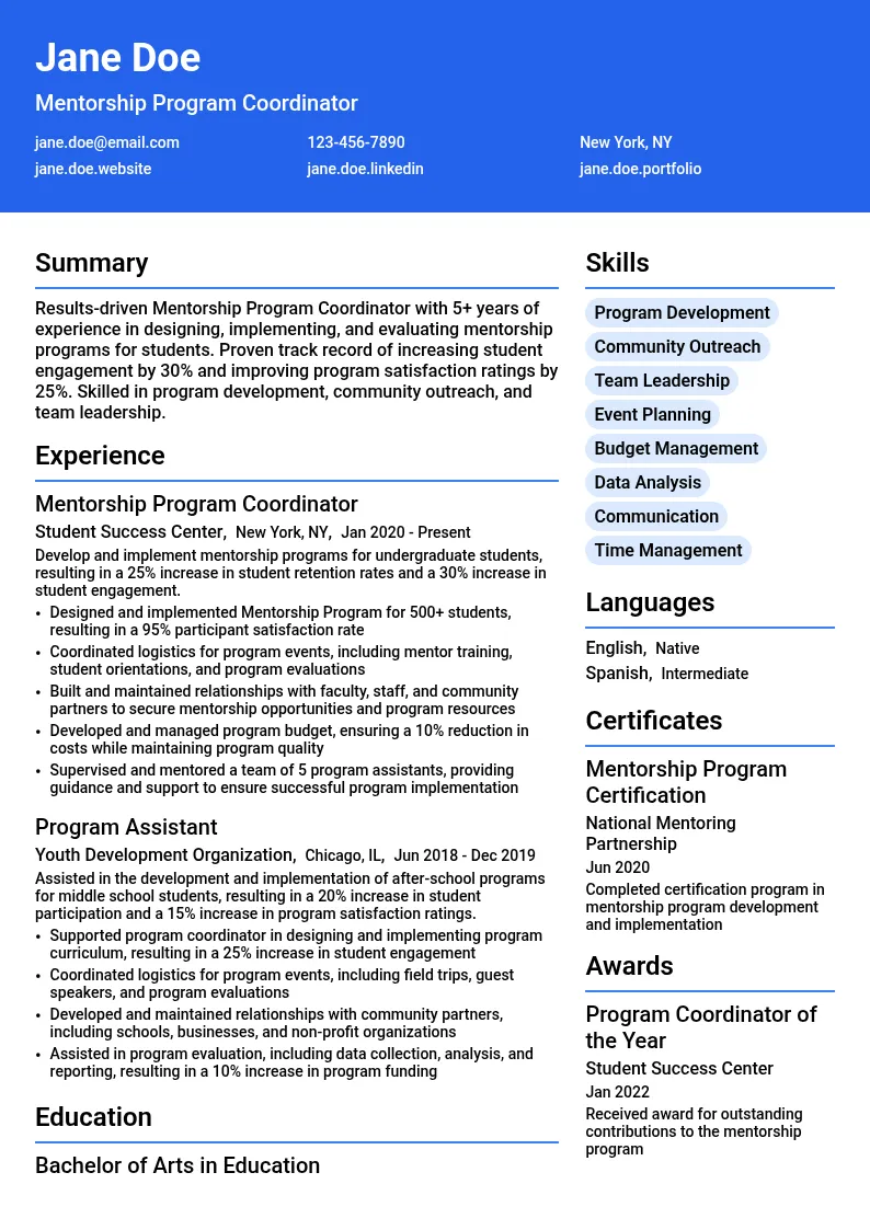 Mentorship Program Coordinator resume example