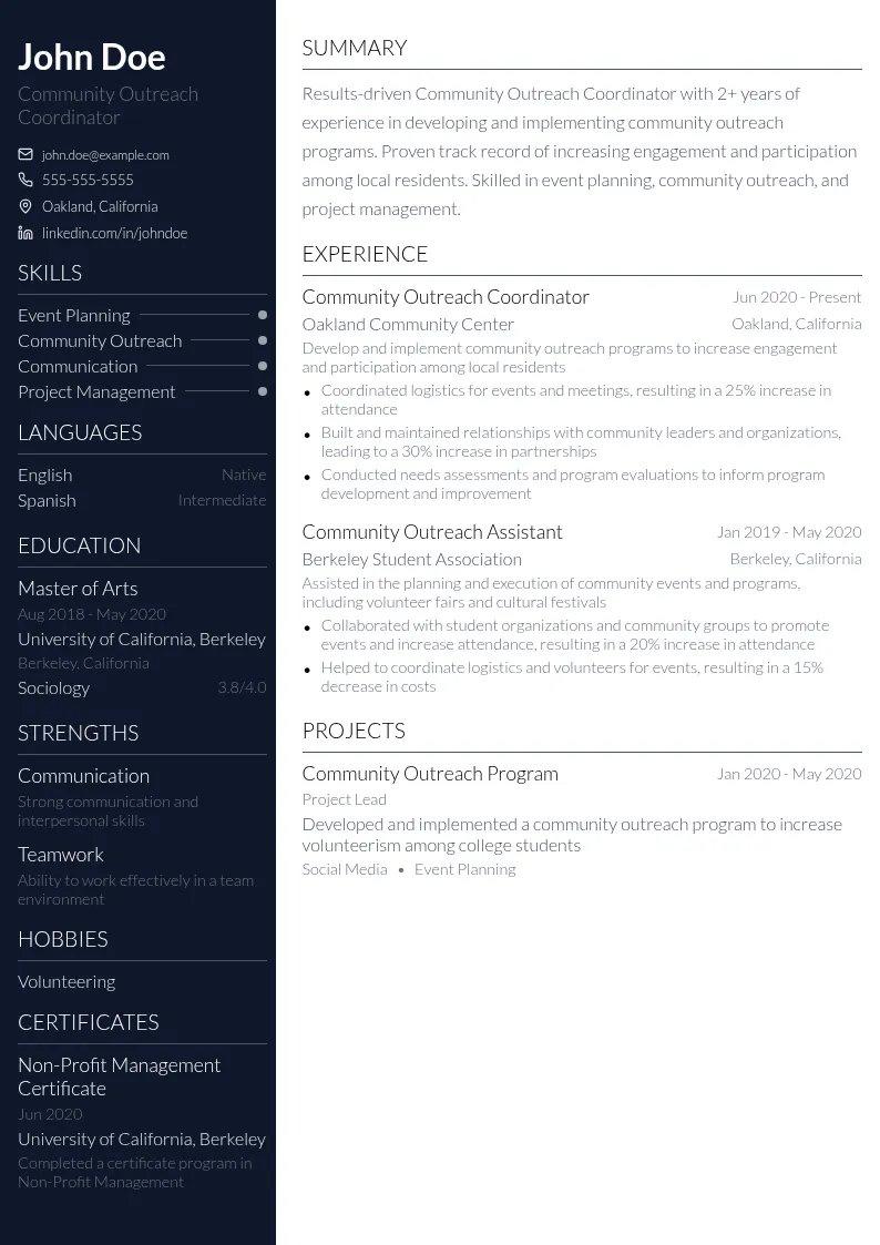 Community Outreach Coordinator resume example