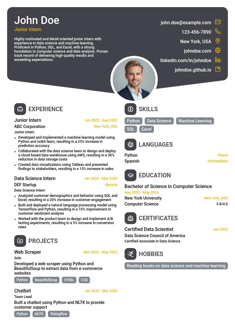 Junior Intern resume example