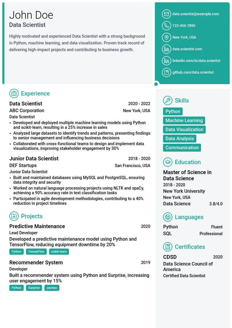 Data Scientist Python resume example