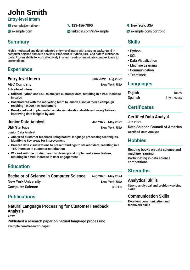 Entry-level Intern resume example