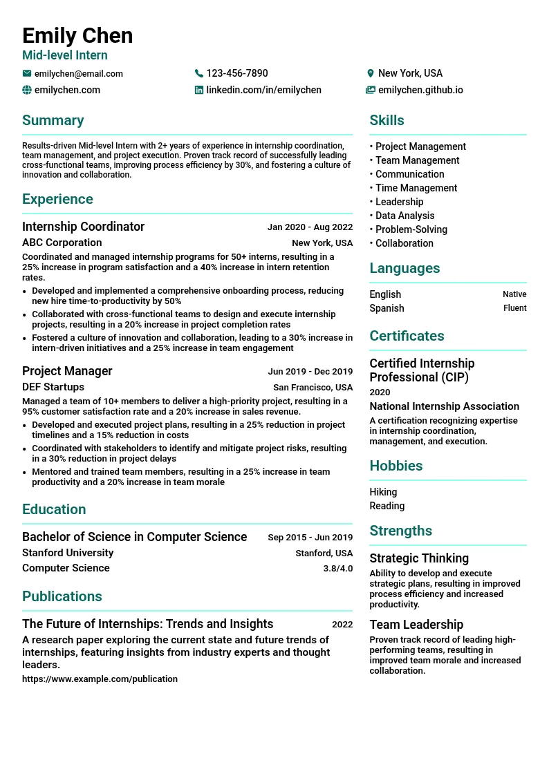 Mid-level Intern resume example