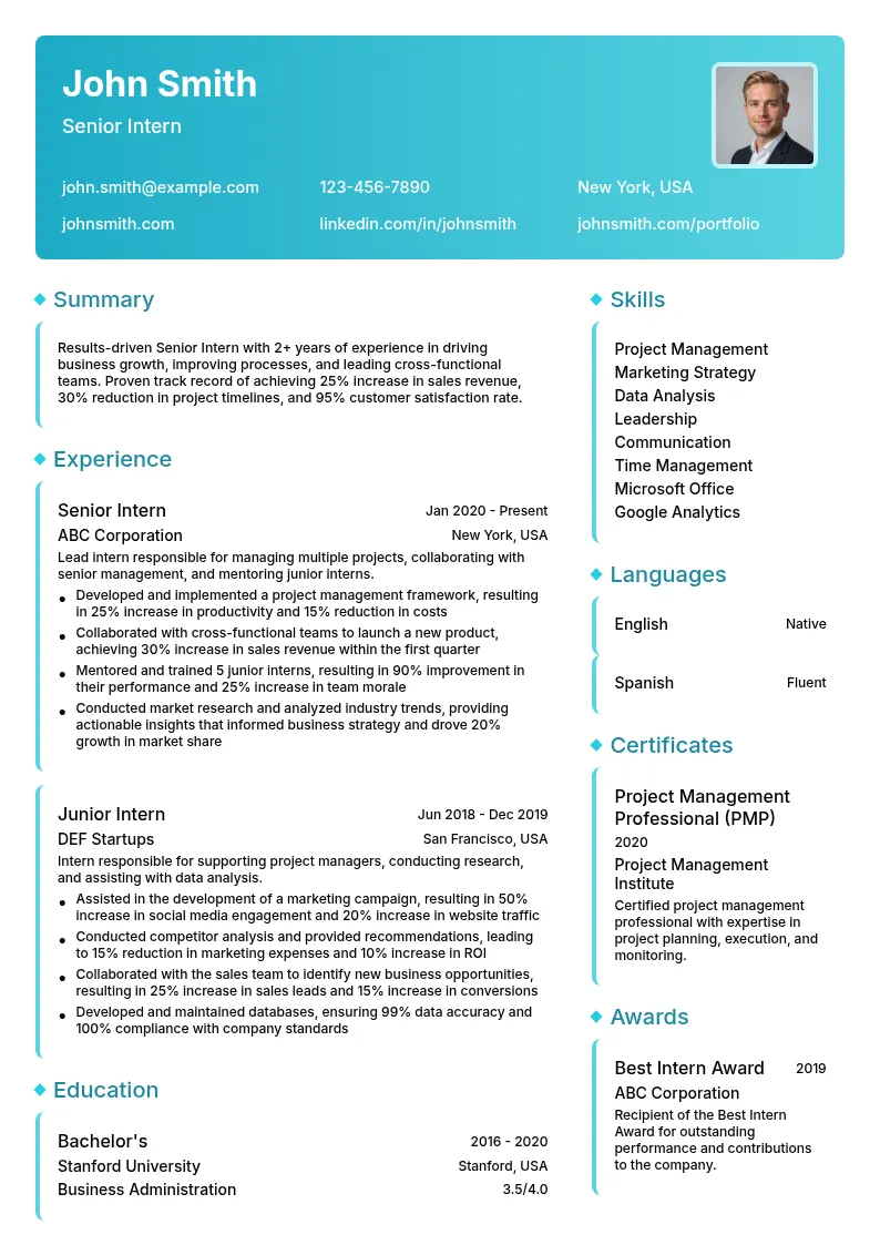 Senior Intern resume example