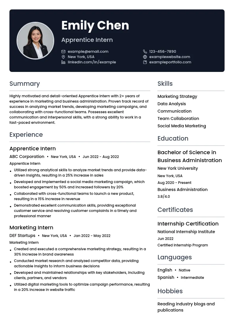 Apprentice Intern resume example