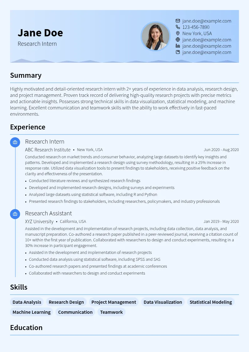 Research Intern resume example