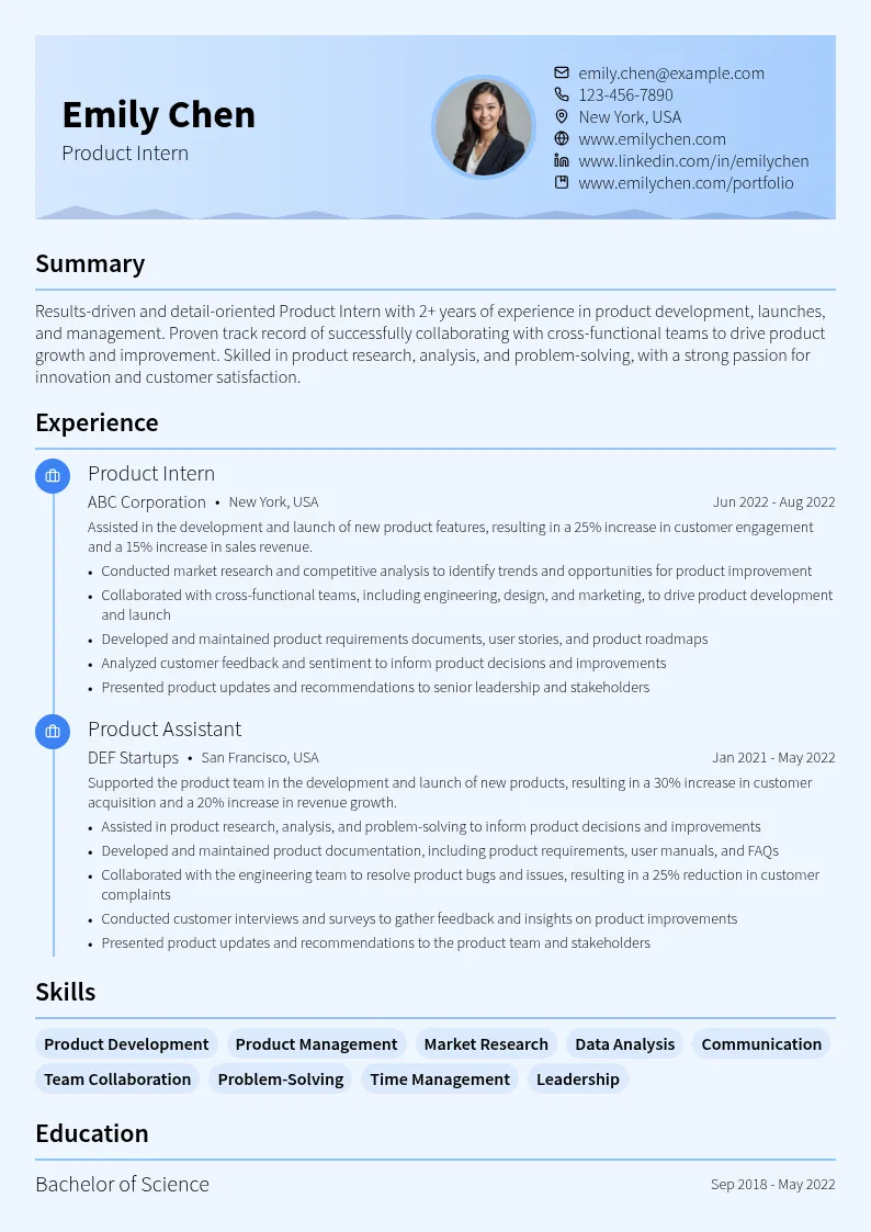 Product Intern resume example