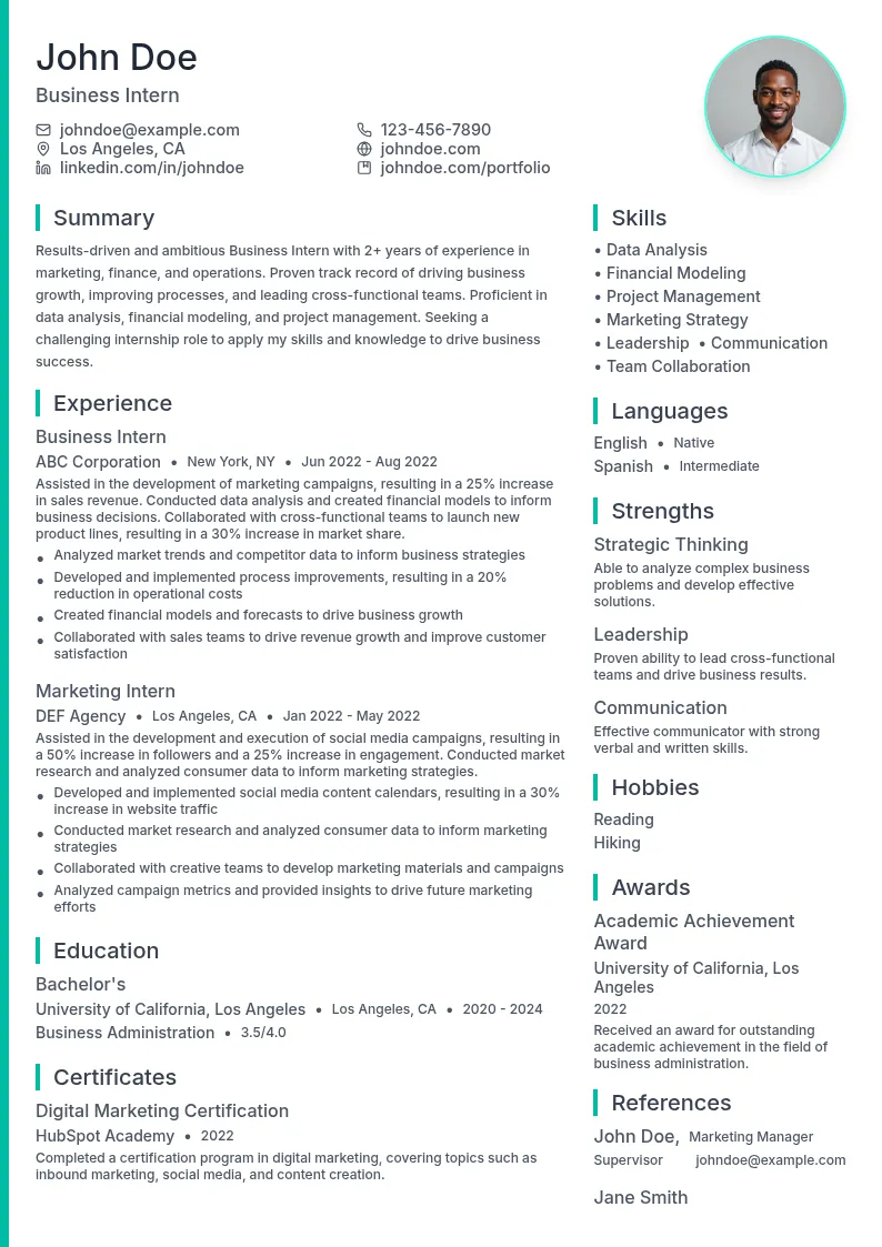 Business Intern resume example