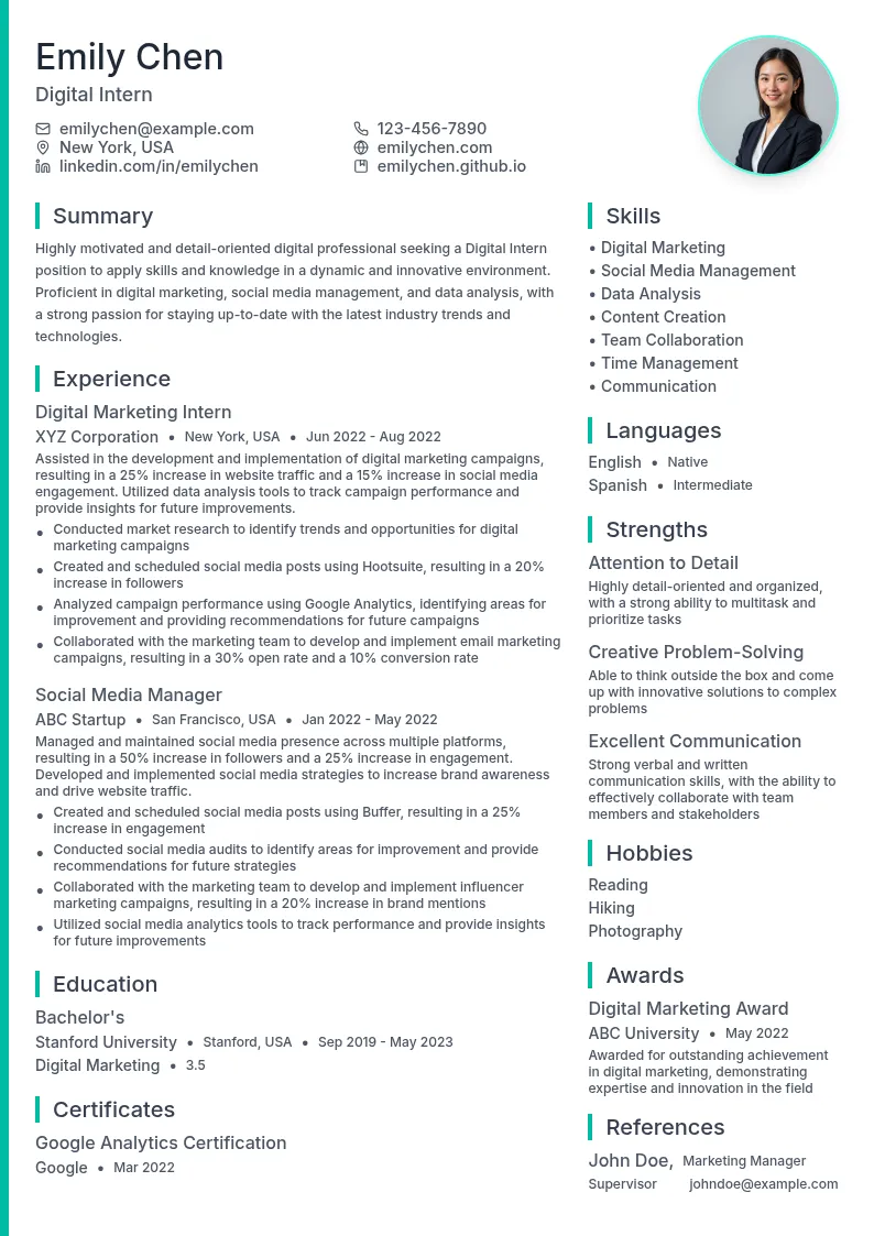 Digital Intern resume example