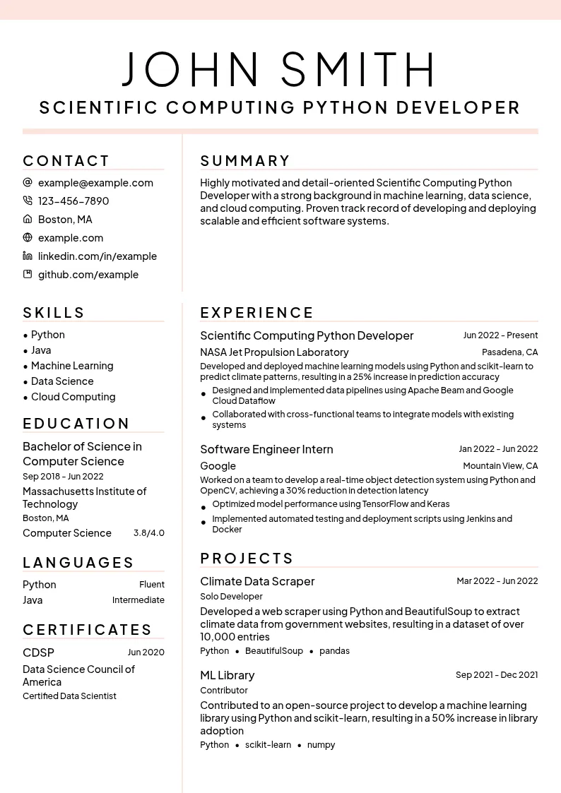 Scientific Computing Python Developer resume example