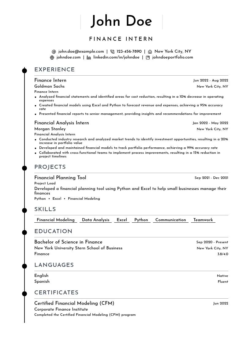 Finance Intern resume example
