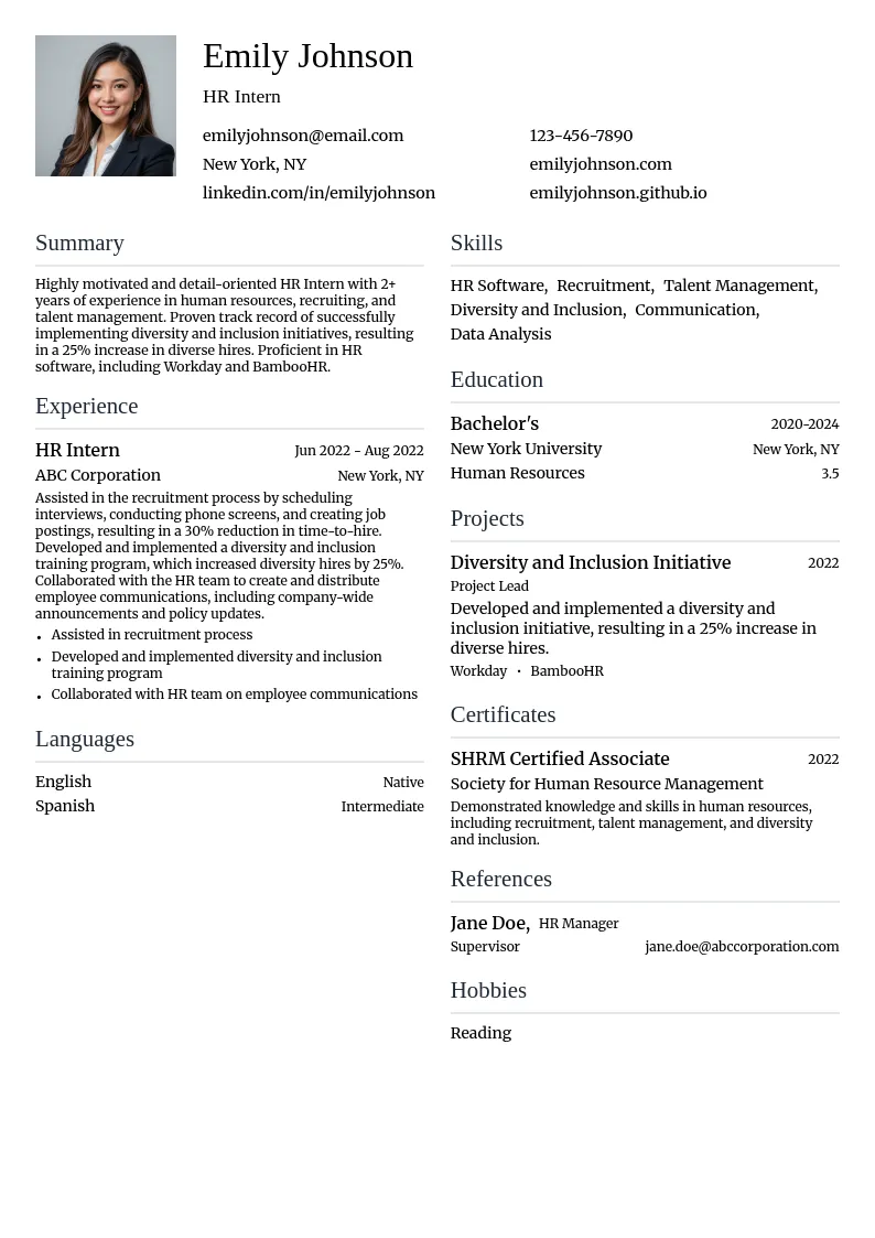 Human Resources Intern resume example