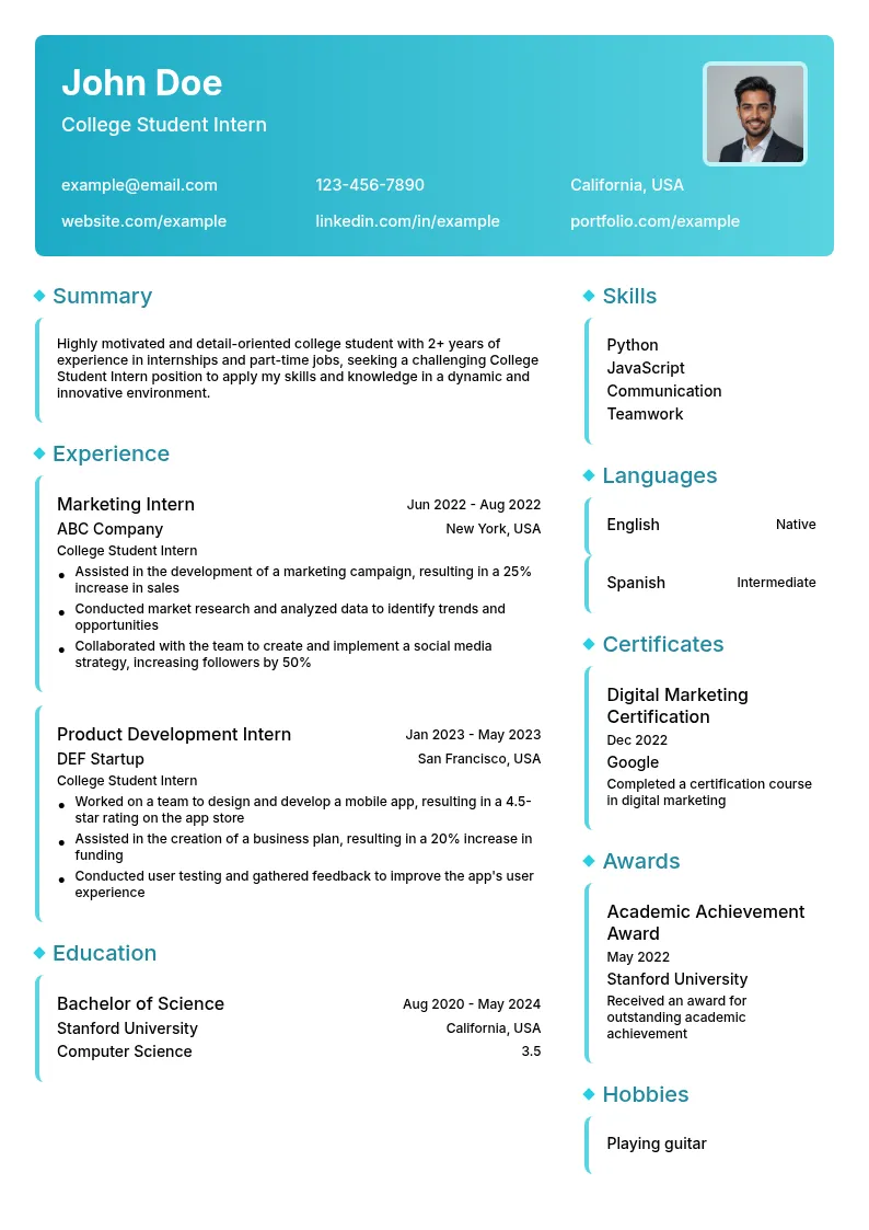 College Student Intern resume example