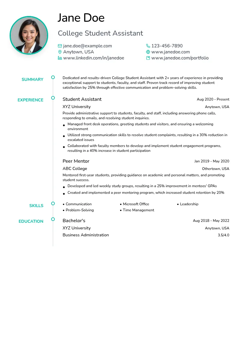 College Student Assistant resume example
