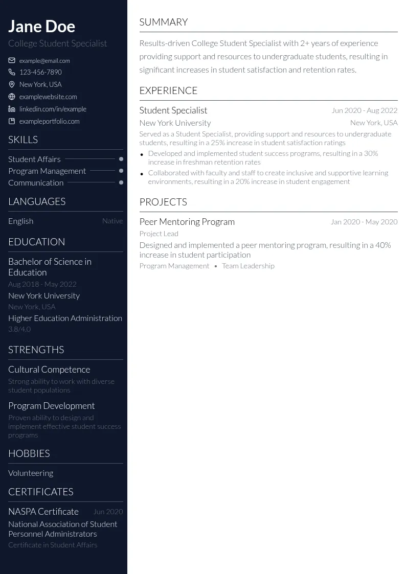 College Student Specialist resume example