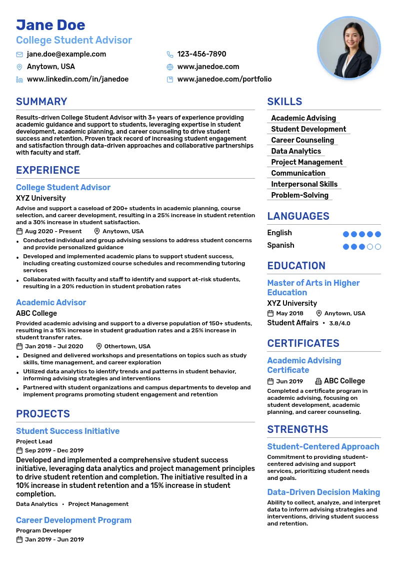 College Student Advisor resume example