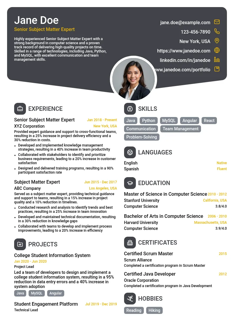 Senior Subject Matter Expert resume example