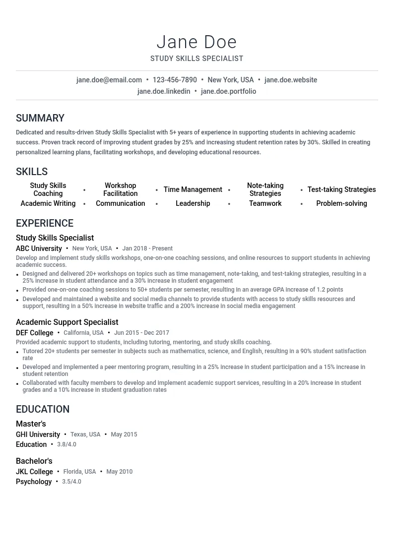 Study Skills Specialist resume example