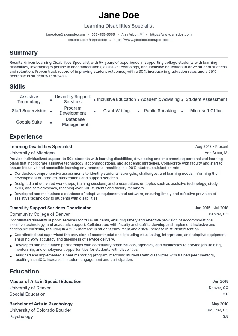 Learning Disabilities Specialist resume example