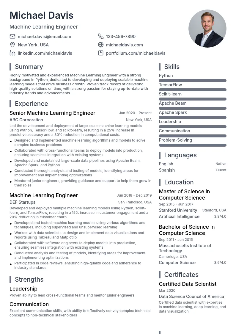 Machine Learning Engineer Python resume example
