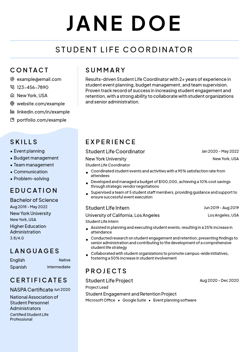 Student Life Coordinator resume example