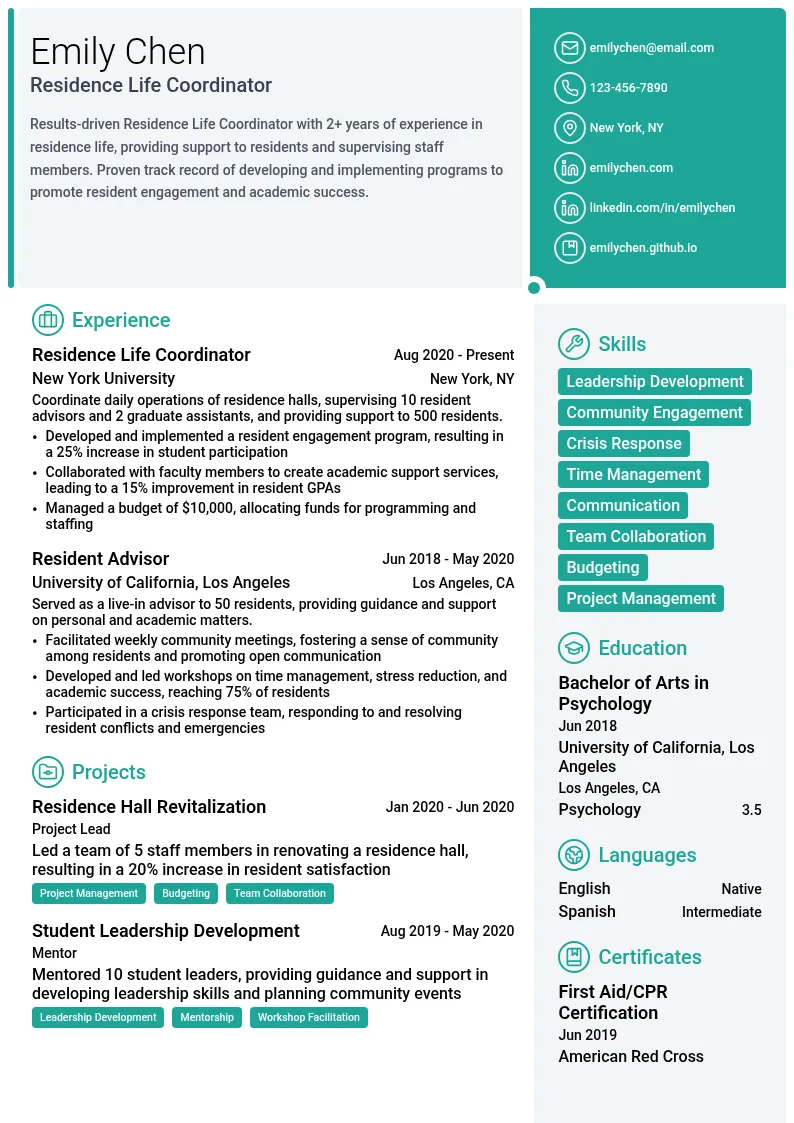 Residence Life Coordinator resume example
