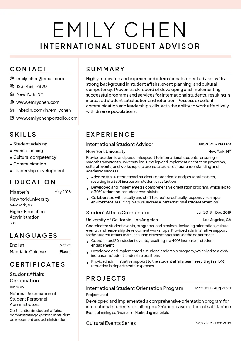 International Student Advisor resume example