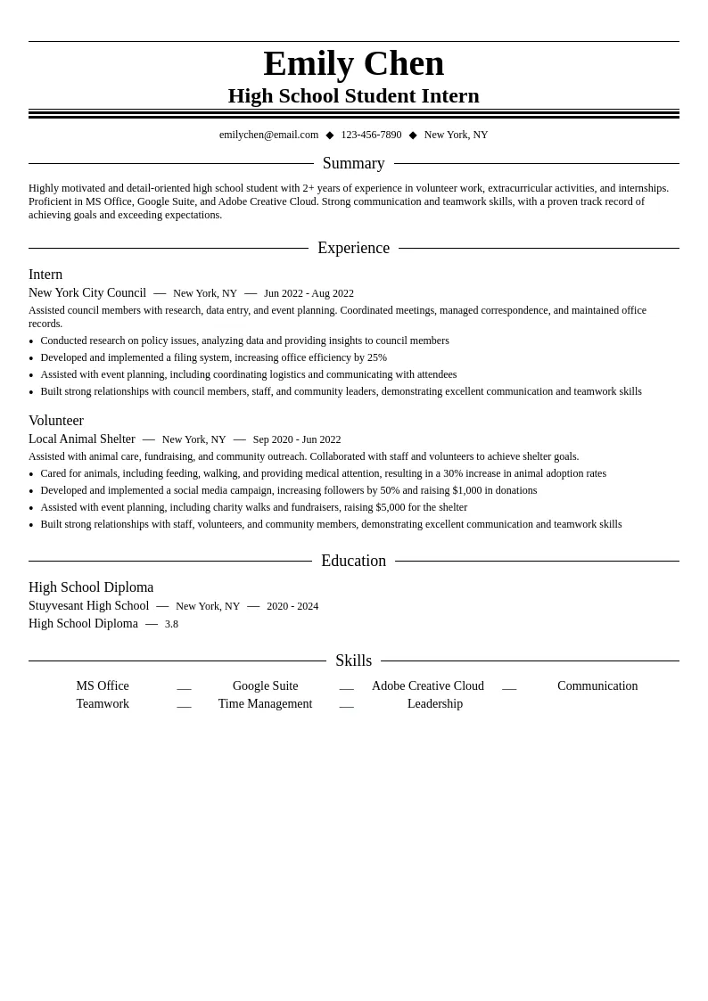 High School Student Intern resume example